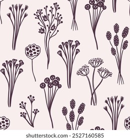 Seamless pattern of wildflowers and stems on beige background. Autumn plants and floral decor. Hand drawn black line art. Cozy fall season. Vector design 