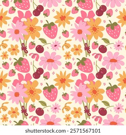 Seamless pattern with wildflowers, strawberries, cherries. Vector illustration