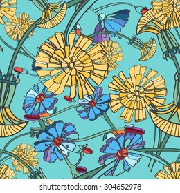 Seamless pattern with wildflowers. Summer texture with dandelion, chicory