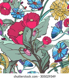 Seamless pattern with wildflowers. Summer texture with dandelion, chicory, poppies