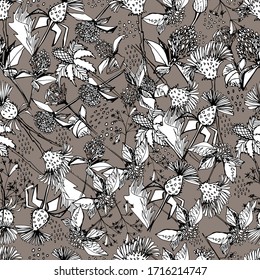 Nahtloses Muster mit Wildblumen. Trikot für Kosmetika. natürliches ätherisches Öl. Hand zeichnet mit einem Bleistift. Blumenmuster für Textilien, Tapeten, Verpackungen. Diuretika, Antidepressiva.