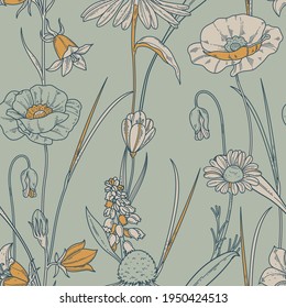 Seamless pattern with wildflowers in trending colors