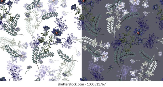 seamless pattern of wildflowers in two color solutions for texti