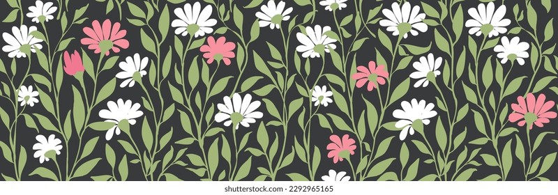 Patrón sin foco con flores silvestres. Ilustración vectorial, fondo para el embalaje, textiles, productos de impresión con camomilas dibujadas a mano.	