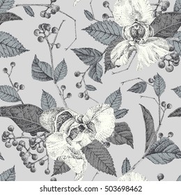 Seamless pattern with wildflowers. Vector monochrome illustration. Composition with floral elements. Pointillism style.