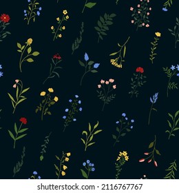 Seamless pattern with wildflowers. Wild flowers floral botanical print. Meadow and field herbs textile. Delicate summer flowers print for bed linen, fabric, textile, wrapping paper on black background
