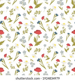 Patrón transparente con flores silvestres.Ilustración vectorial. Camionetas, chamiles y flores de maíz. Hermoso fondo de verano para textiles, papel de envoltura, ropa de cama y postales.