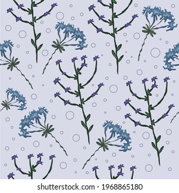 Seamless pattern of wild-growing purple flowers. Vector illustration of abstract hand-drawn cornflowers for background, wallpaper, wrapping paper, fabric, textile.