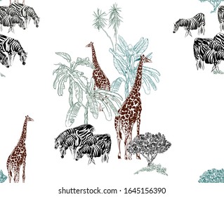 Seamless Pattern Wildlife Animals in Africa, Giraffe and Zebra in Safari Desert, African Landscape, Primitive Children Nursery Design, Baby Room Wallpaper Design, Outline Sketch Wildlife in Palms