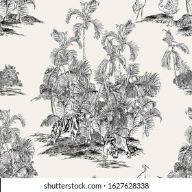 Seamless Pattern Wildlife Animals Tigers and Crane Birds in Palm Bushes, Tropical Islands, Toile Hand Drawn Etching, Realistic Jungle, Monochrome Textile Design, Hand Drawn Etching