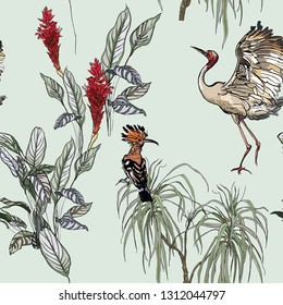 Seamless Pattern Wildlife Exotic Birds Dancing Crane and Hoopoe in tropical Leaves and Red Flowers