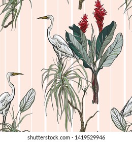 Seamless Pattern Wildlife Exotic Crane Birds in Tropical Plants Tropics Red Flowers Blossom on Pink Background with White Vertical Stripes Hand drawn illustration Ink Outlines