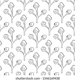 Seamless pattern willow branch art line. Hand drawn vintage of Happy Easter symbol. Vector ink sketch illustration isolated on white. Decorative floral verba line art herb
