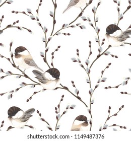 Seamless pattern of Willow branches and birds Black-capped Chickadee, vector illustration on white background in vintage watercolor style.