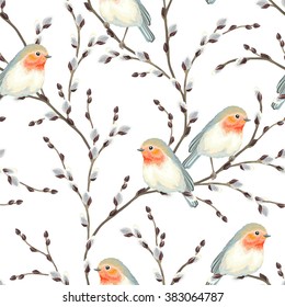 Seamless pattern of Willow branches and birds Robin, vector illustration on white background.