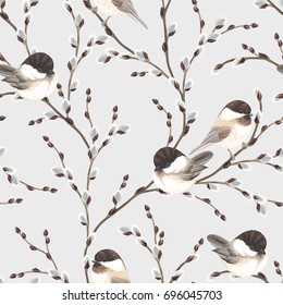 Seamless pattern of Willow branches and birds Black-capped Chickadee, vector illustration on gray background in vintage watercolor style.