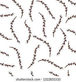 Seamless pattern of willow branches in bloom. Easter decor. EPS 10 vector.