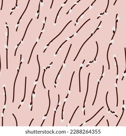 Seamless pattern of willow branches on a pink background.