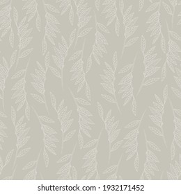 Seamless pattern with willow tree branches and leaves on light blue background for surface design and other design projects. Monochrome realistic line art