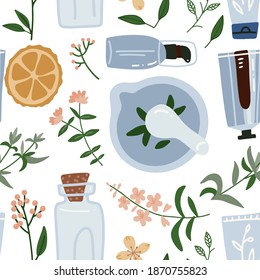 Seamless pattern with wimd flower, leaves, essential oil, and mortar and pestle. Cosmetic, perfumery and medical plant. Vector flat hand drawn illustration