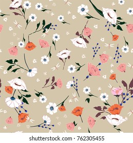 Seamless Pattern wind blow blooming flowers, Isolated on beige color. Botanical Floral Decoration Texture. Vintage Style Design for Fabric Print, Wallpaper Background. Seamless Pattern wind blow blooming flowers, Isolated on beige color. Botanical Floral Decoration Texture. Vintage Style Design for Fabric Print, Wallpaper Background.