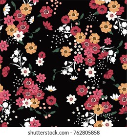 Seamless Pattern wind blow blooming flowers, Isolated on black color. Botanical Floral Decoration Texture. Vintage Style Design for Fabric Print, Wallpaper Background. Seamless Pattern wind blow blooming flowers, Isolated on black color. Botanical Floral Decoration Texture. Vintage Style Design for Fabric Print, Wallpaper Background.