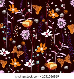 Seamless Pattern wind blow flowers,  Isolated on dark maroon color. Botanical Floral Decoration Texture. Vintage Style Design for Fabric Print, Wallpaper Background.