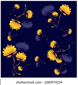 Seamless Pattern wind blow flowers, Isolated on dark color. Botanical Floral Decoration Texture. Vintage Style Design for Fabric Print, Wallpaper Background.

