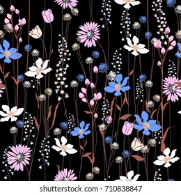 Seamless Pattern Wind Blow Flowers,  Isolated On Black Color. Botanical Floral Decoration Texture. Vintage Style Design For Fabric Print, Wallpaper Background.