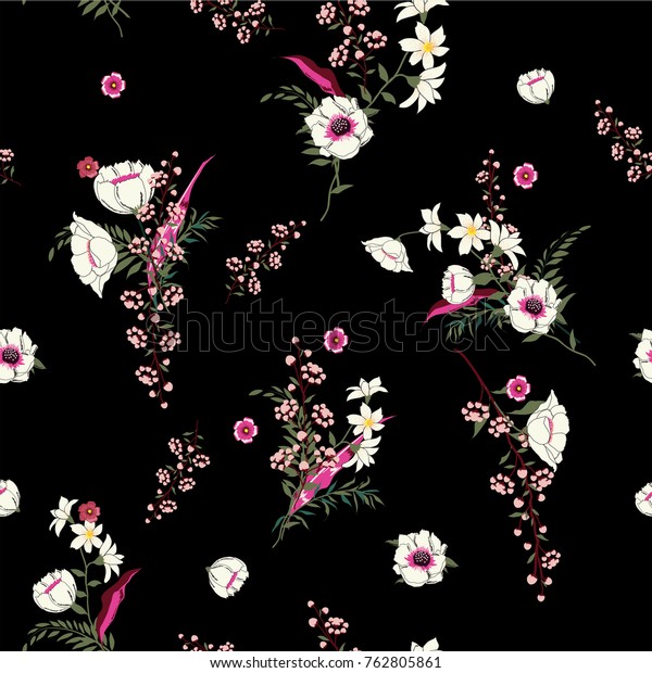无缝图案风吹花 隔离在黑色 植物花卉装饰纹理 复古风格设计布料打印 壁纸背景 库存矢量图 免版税