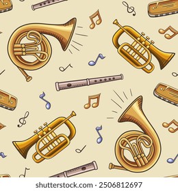 Seamless pattern with wind classic musical instruments, trumpet, flute and French horn. Hand drawn vector musical background