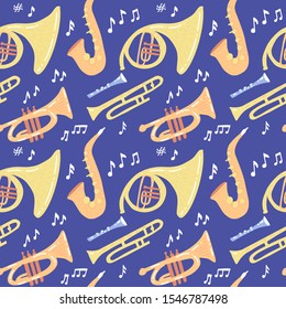 Seamless pattern with wind musical instruments - trombone, trumpet, saxophone, french horn on dark blue background. Vector flat hand drawn illustration