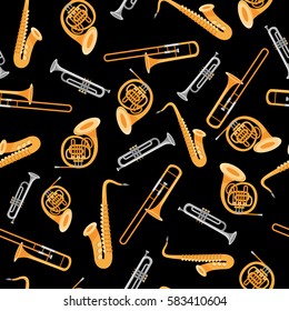 Seamless pattern with wind musical instruments: trombone, trumpet, saxophone, french horn on dark background