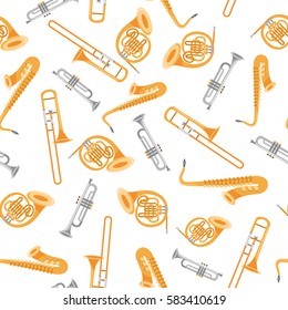 Seamless pattern with wind musical instruments: trombone, trumpet, saxophone, french horn