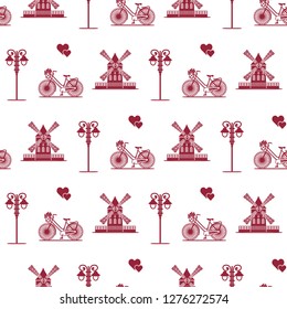 Seamless pattern with windmill, bicycle, lantern. Travel and leisure. Design for banner and print.