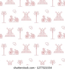 Seamless pattern with windmill, bicycle, lantern. Travel and leisure. Design for banner and print.