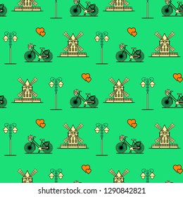 Seamless pattern with windmill, bicycle, lantern. Travel and leisure. Design for banner and print.