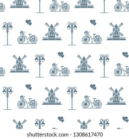Seamless pattern with windmill, bicycle, lantern. Travel and leisure. Design for banner and print.