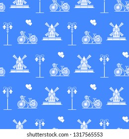 Seamless pattern with windmill, bicycle, lantern. Travel and leisure. Design for banner and print.