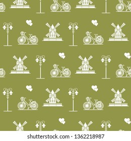 Seamless pattern with windmill, bicycle, lantern. Travel and leisure. Design for banner and print.