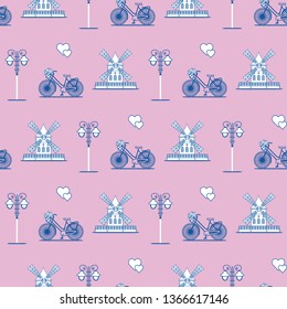 Seamless pattern with windmill, bicycle, lantern. Travel and leisure. Design for banner and print.
