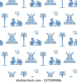 Seamless pattern with windmill, bicycle, lantern. Travel and leisure. Design for banner and print.