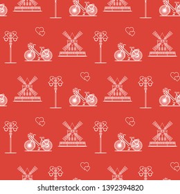 Seamless pattern with windmill, bicycle, lantern. Travel and leisure. Design for banner and print.