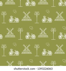 Seamless pattern with windmill, bicycle, lantern. Travel and leisure. Design for banner and print.