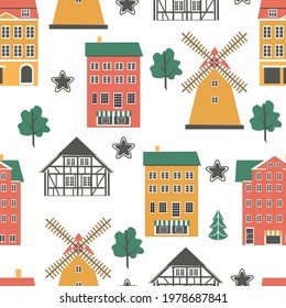 Seamless pattern windmill, scandinavian buildings,tree, traditional rural wind energy isolated on background, mill farm power ecology watermill vector illustration, Alternative energy generation