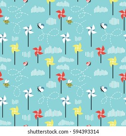Seamless pattern with windmills and butterflies