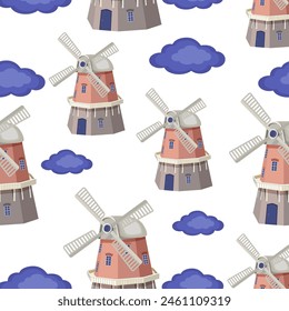 Seamless pattern of windmills and clouds on a white background.Vector pattern for textiles, wallpaper, packaging.