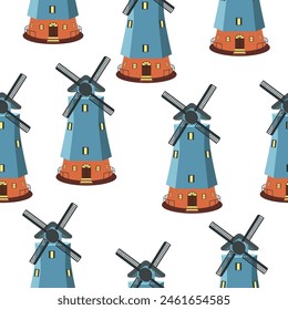 Patrón inconsútil de molinos de viento sobre un fondo blanco. Patrón de Vector para textiles, Fondo de pantalla, embalaje.