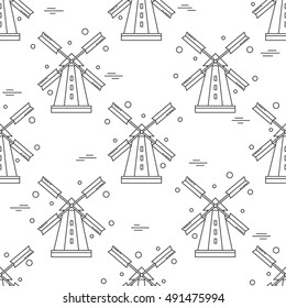 Seamless pattern with windmills, poster design. Black and white background vector with collection of objects. Silhouette of traditional tower, agricultural building.Thin flat icon. Good for a printing