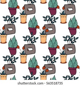 Seamless pattern with window plants drawn by hand in pots